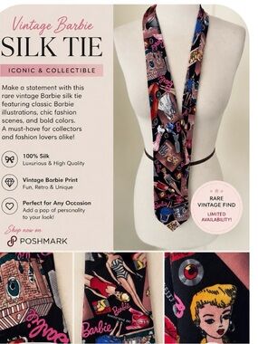 Nicole Miller Black Silk Tie with Pink, Blue & Gold Barbie Motif